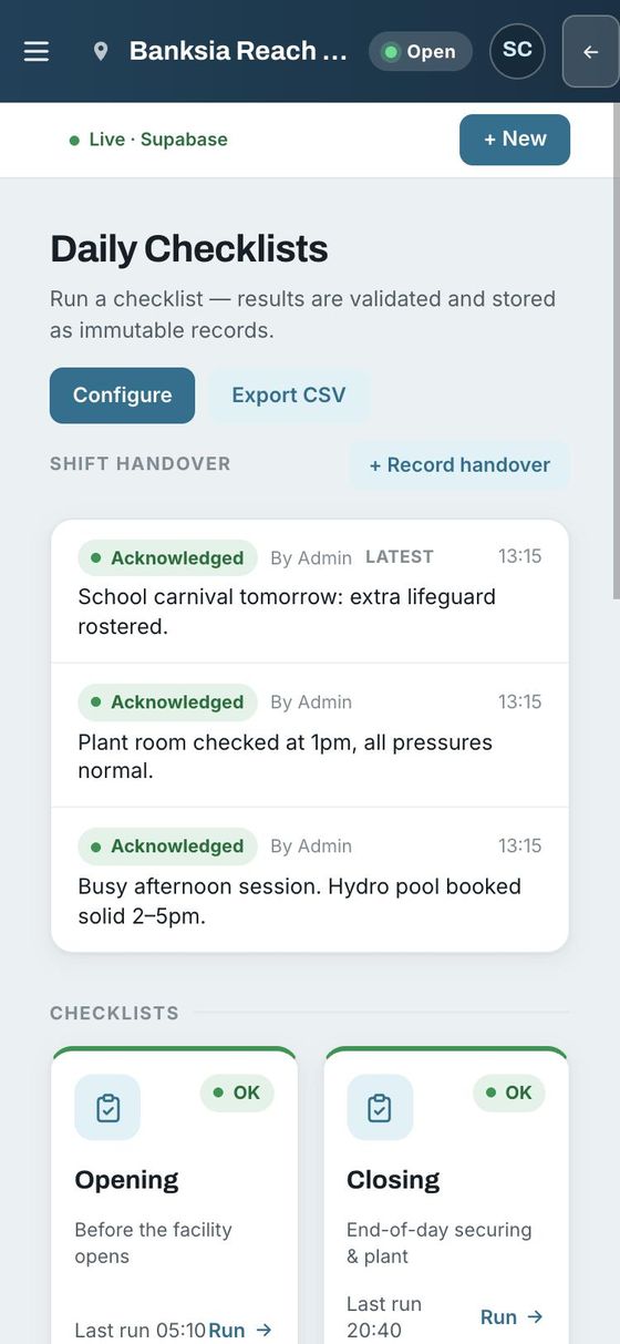 The daily checklists screen: three acknowledged shift handover notes, and the opening and closing checklists both marked OK.