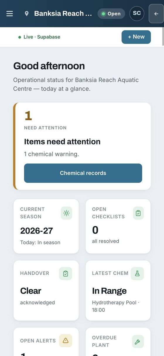 The home screen: one chemical warning needs attention, the season is open, no checklists are waiting and the handover is acknowledged.